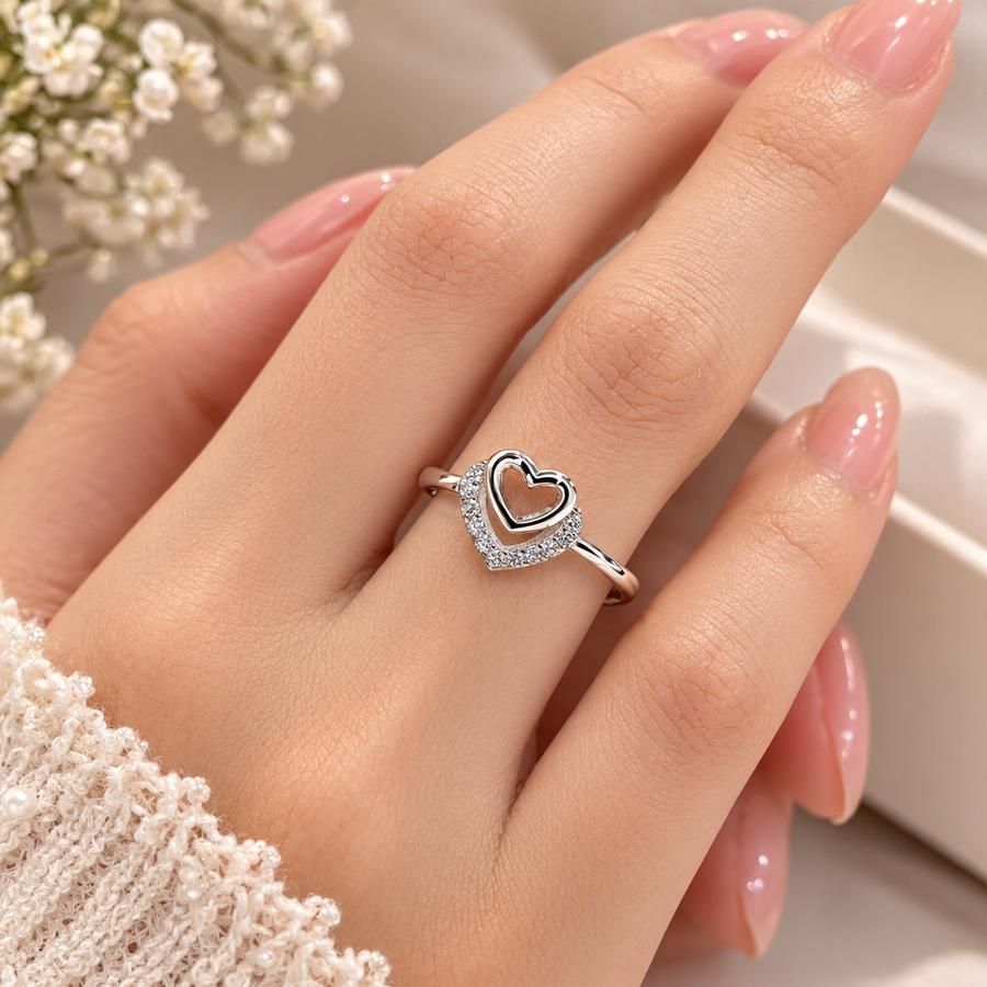 Double Heart Design Silver Ladies Ring with Sparkling Stones | Elegant Heart Ring for Women – Laxmi Jewellers