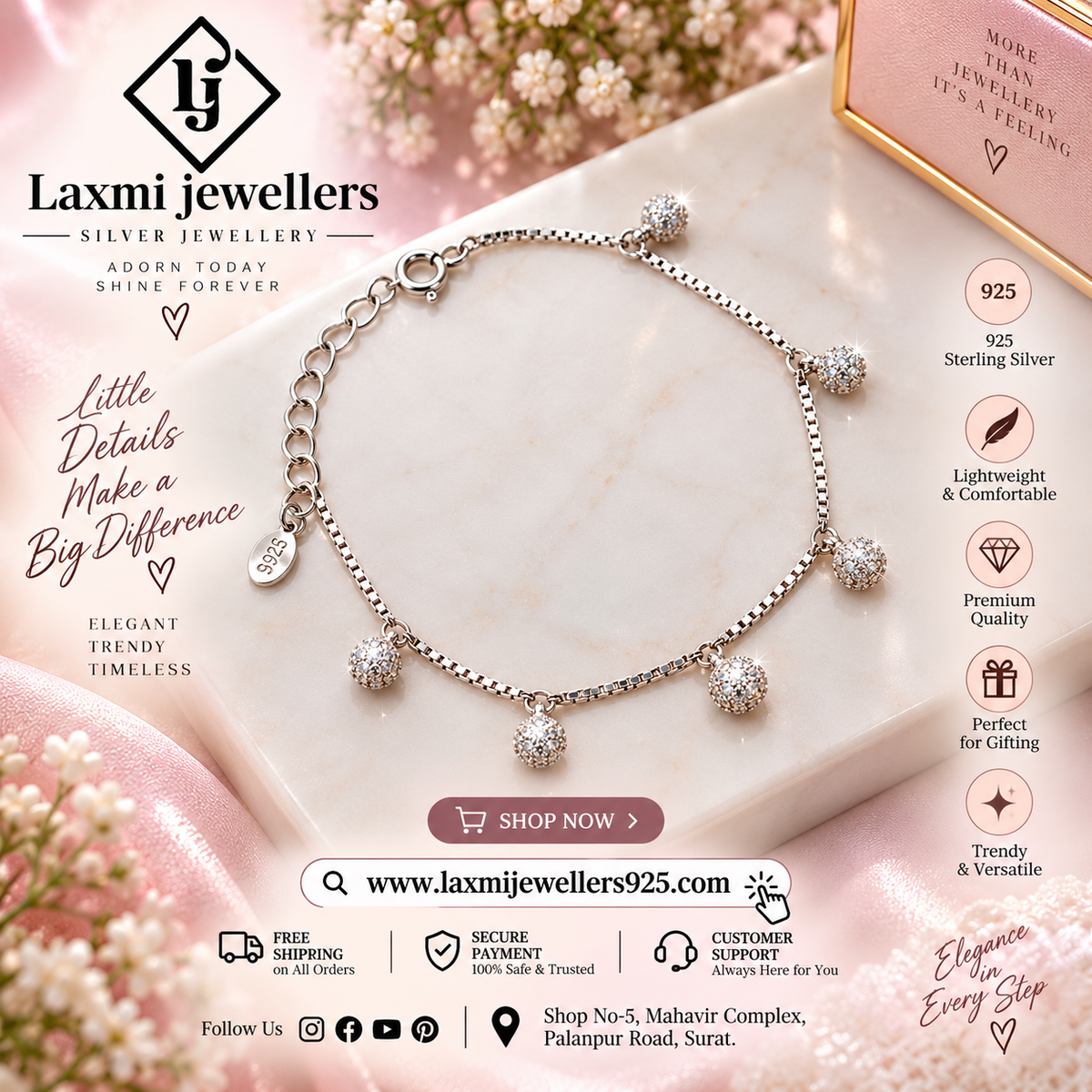 925 Sterling Silver Ball Charm Bracelet for Women | Elegant Ladies Silver Bracelet