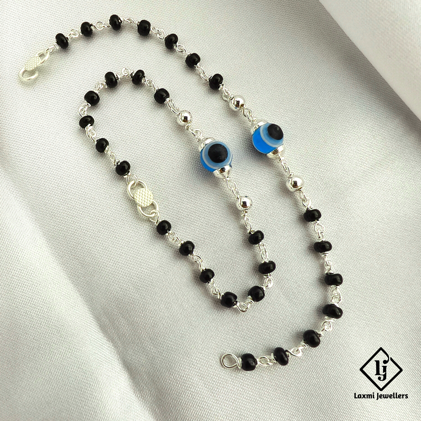 925 Sterling Silver Baby Nazariya Bracelet | Evil Eye Black Beads Kids Nazariya