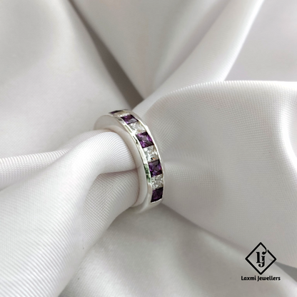 925 Silver Band Ring with Princess-Cut Purple & White CZ Stones – Unisex Elegant Design