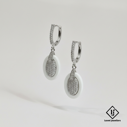 925 Sterling Silver Bali Style White Oval Drop Earrings | Designer Silver Earrings for Women