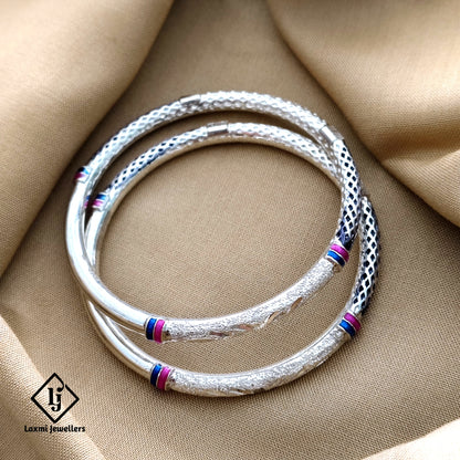 925 Silver Textured Bangles for Women with Purple & Blue Meenakari – Traditional Kada Design