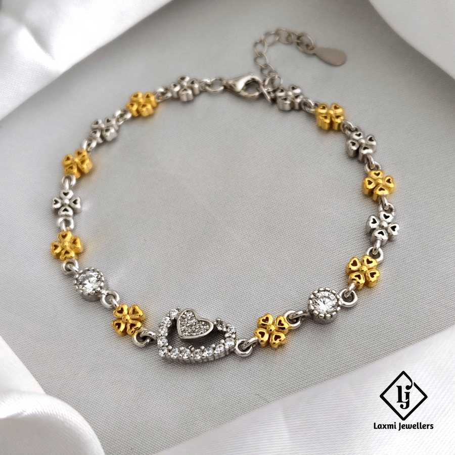 925 Silver Heart & Floral Charm Bracelet with Gold Accents for Women