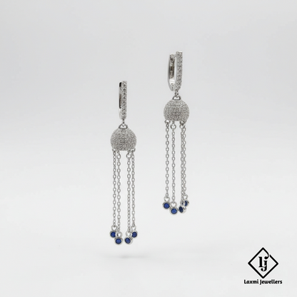 925 Sterling Silver Bali Style Chain Drop Earrings with Blue Stones | Designer Silver Earrings for Women