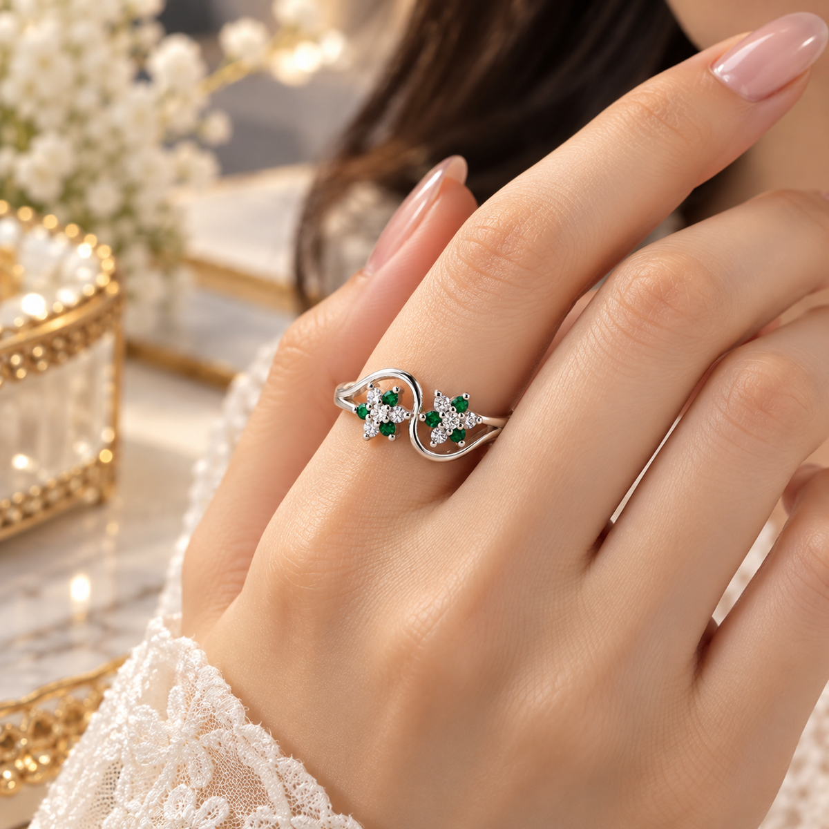 925 Sterling Silver Green Stone Floral Ring for Women | Elegant Ladies Ring – Laxmi Jewellers