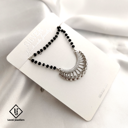 Elegant 925 Sterling Silver Mangalsutra with Black Beads and Modern Pendant Design