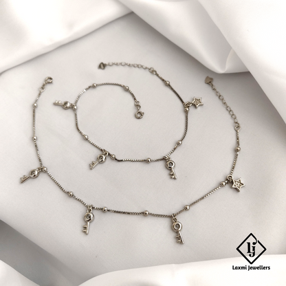 925 Sterling Silver Key & Star Charm Anklet Set for Women & Girls – Trendy Daily Wear Jewelry