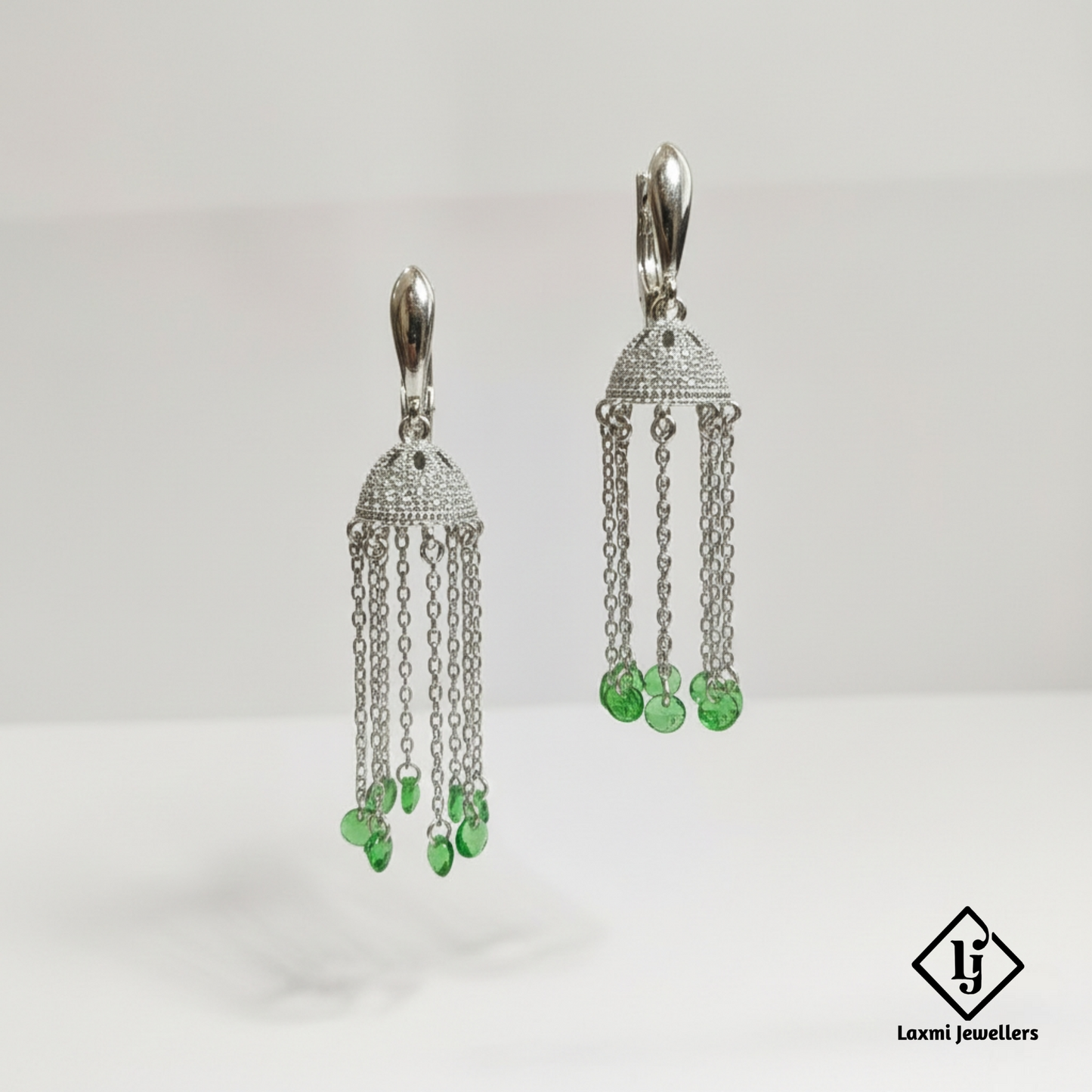 925 Sterling Silver Green Beads Jhumka Drop Earrings for Women | Designer Chain Tassel Earrings
