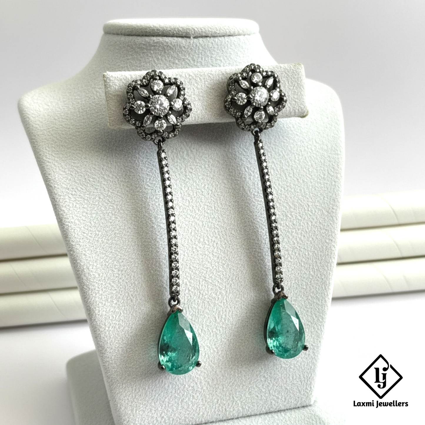 Designer Green Teardrop Long Drop Earrings with CZ Stones | Party & Bridal Wear Earrings for Women