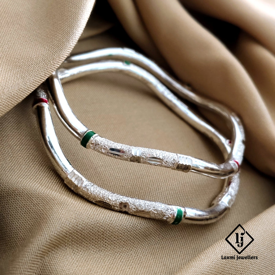925 Sterling Silver Kada Bangles with Red and Green Enamel – Traditional Design, Perfect for Festive and Daily Wear