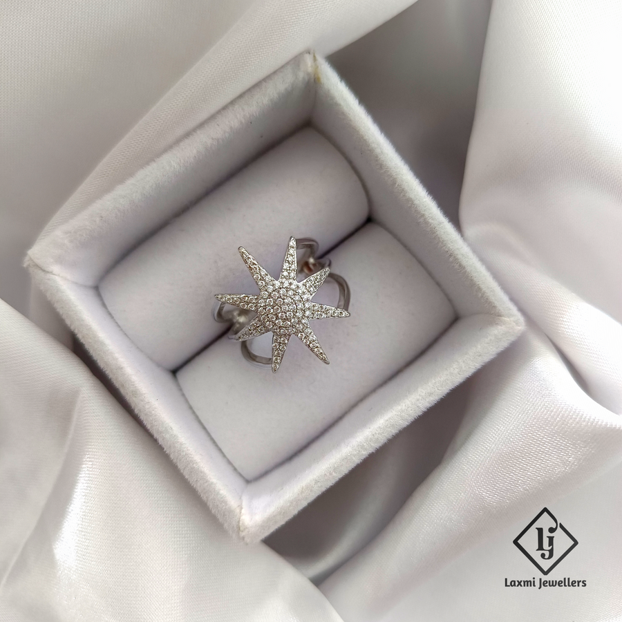 Starburst Diamond Ring in White Gold – Designer Statement Jewelry by Laxmi Jewellers