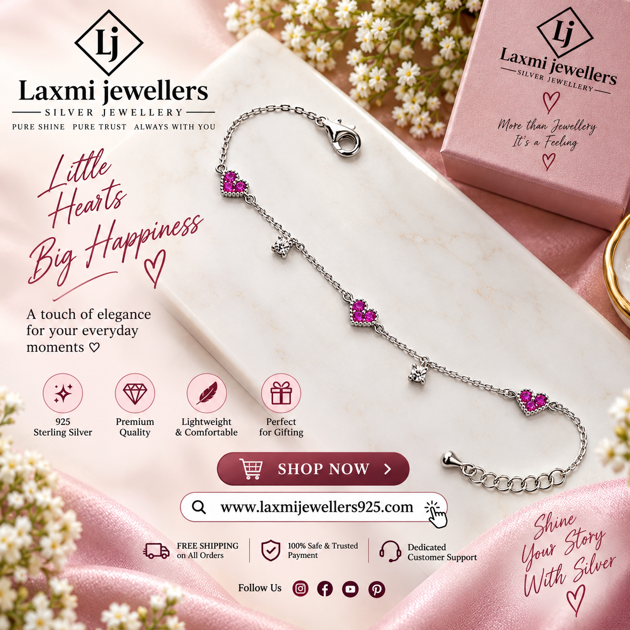 925 Sterling Silver Heart Bracelet for Women | Stylish Ladies Heart Charm Bracelet