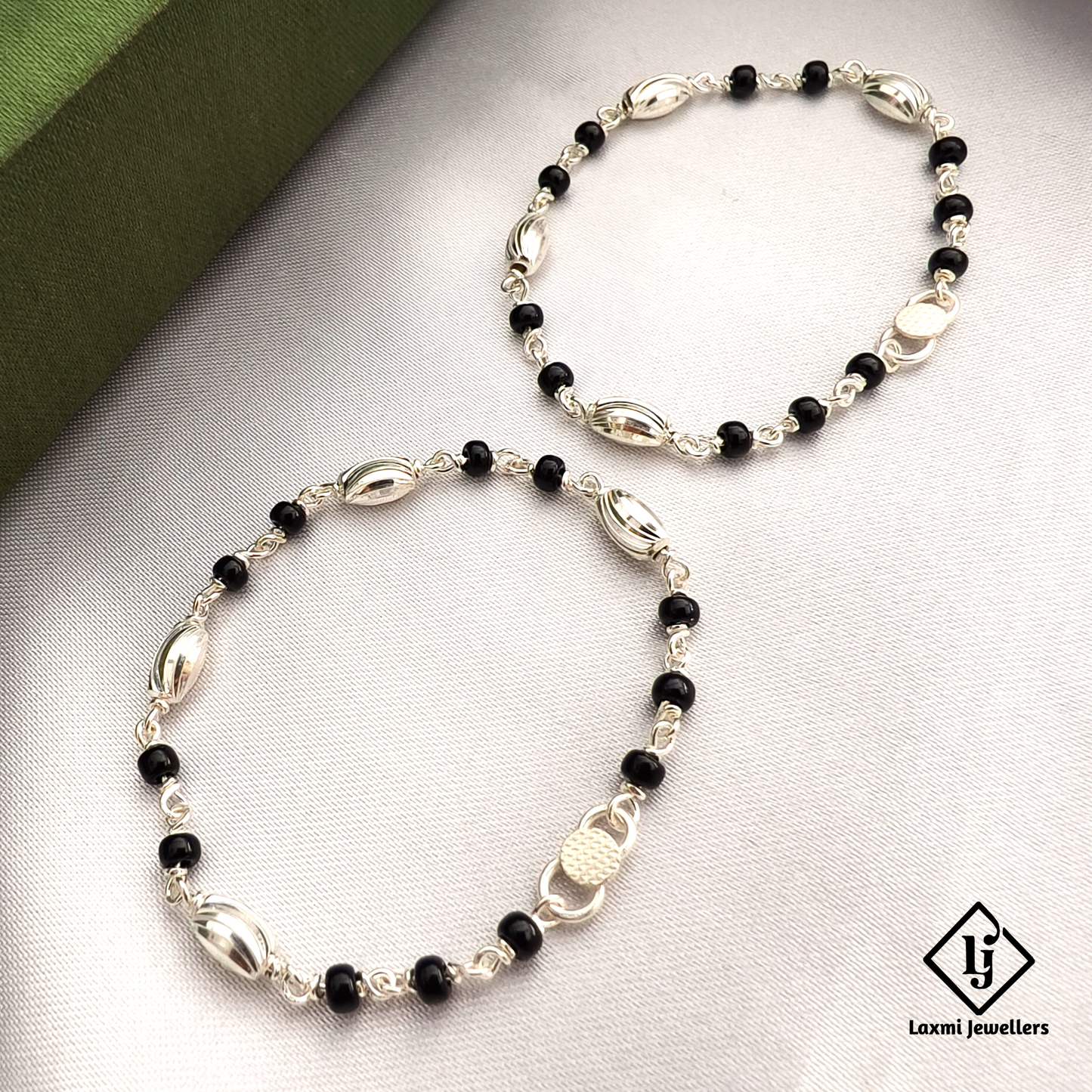925 Sterling Silver Baby Nazariya OR Anklet Pair | Black Beads Nazar Protection for Kids
