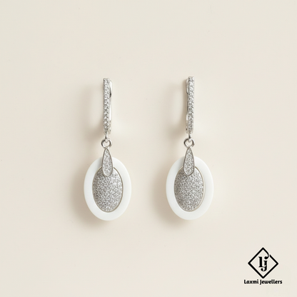 925 Sterling Silver Bali Style White Oval Drop Earrings | Designer Silver Earrings for Women
