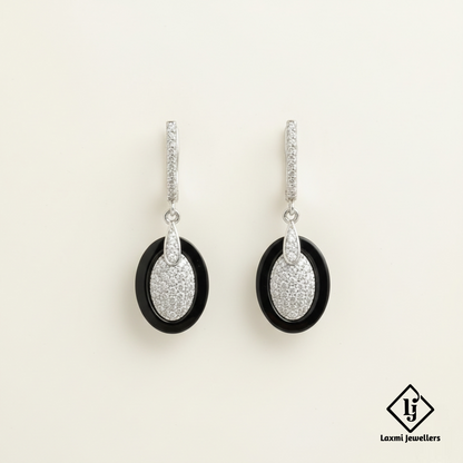 925 Sterling Silver Bali Style Black Stone Oval Drop Earrings | Designer Silver Earrings