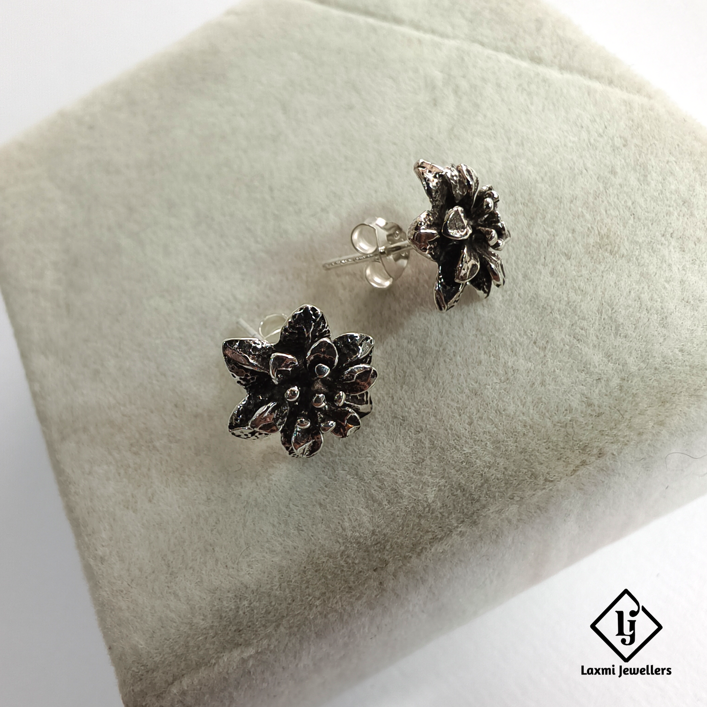 925 Sterling Silver Oxidised Flower Stud Earrings for Women | Laxmi Jewellers