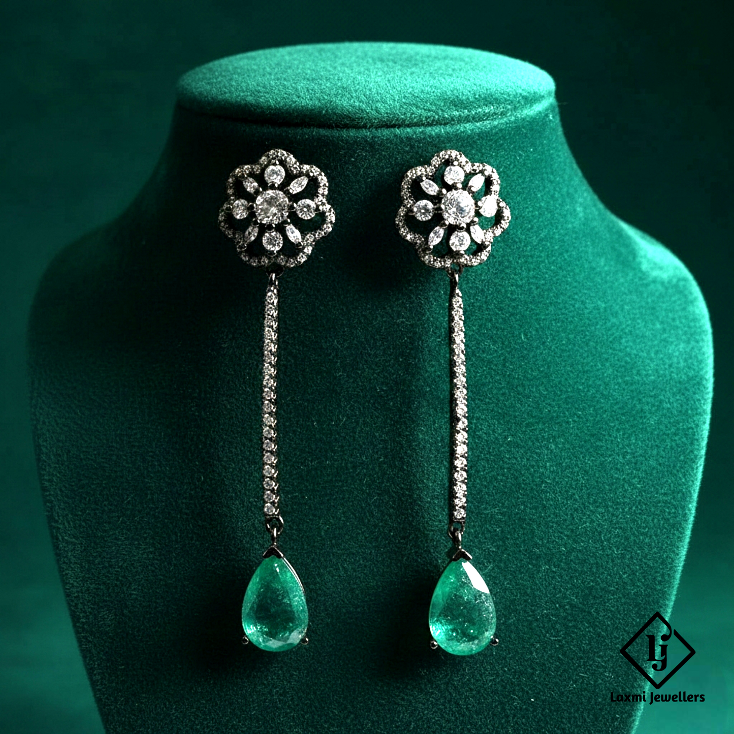 Designer Green Teardrop Long Drop Earrings with CZ Stones | Party & Bridal Wear Earrings for Women