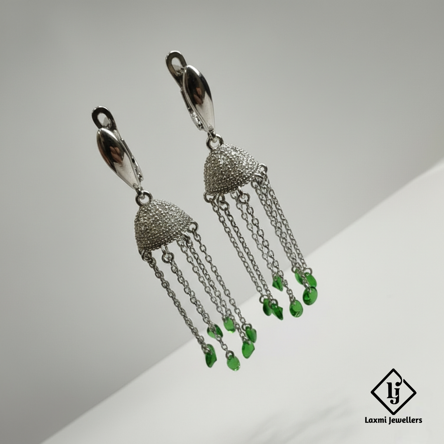 925 Sterling Silver Green Beads Jhumka Drop Earrings for Women | Designer Chain Tassel Earrings