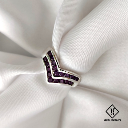 925 Silver V-Shaped Purple CZ Ring for Women – Stylish Party Wear Band