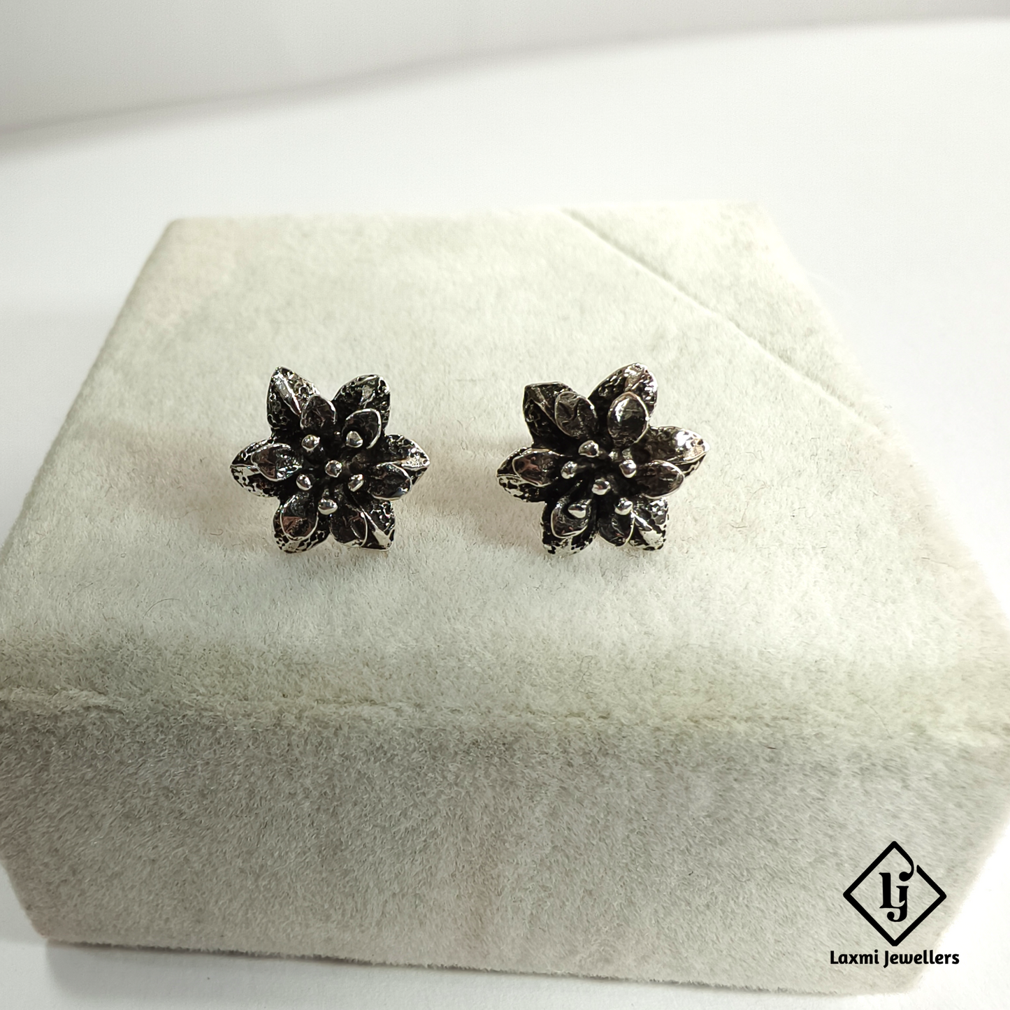 925 Sterling Silver Oxidised Flower Stud Earrings for Women | Laxmi Jewellers
