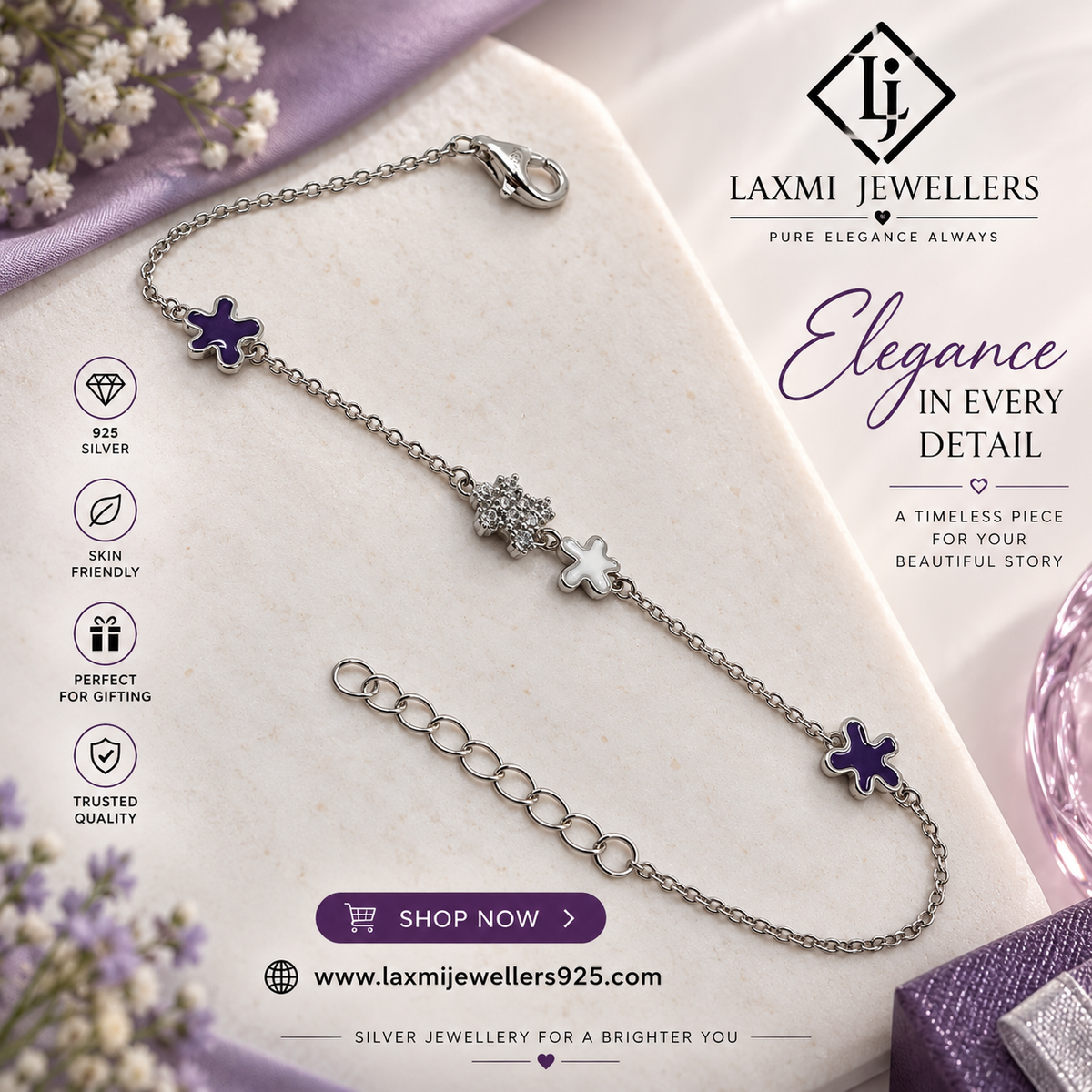 925 Sterling Silver Purple Clover Bracelet for Women | Elegant Ladies Bracelet – Laxmi Jewellers