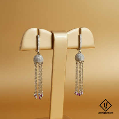 925 Silver Chain Jhumka Drop Earrings for Women | Designer CZ & Pink Stone Danglers