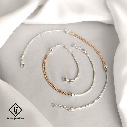 925 Silver & Gold-Plated Dual Tone Anklet Set for Women – Elegant Daily Wear Payal