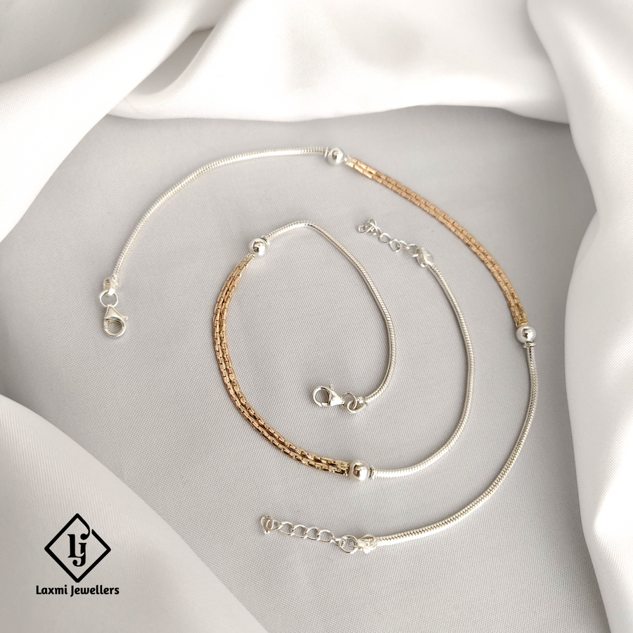 925 Silver & Gold-Plated Dual Tone Anklet Set for Women – Elegant Daily Wear Payal
