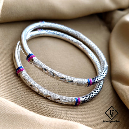 925 Silver Textured Bangles for Women with Purple & Blue Meenakari – Traditional Kada Design