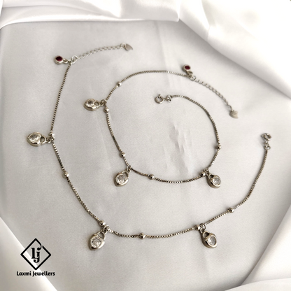 925 Sterling Silver Anklet Set with Heart & Crystal Charms for Women