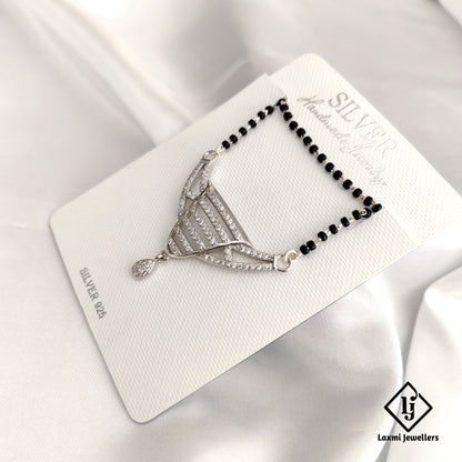 925 Sterling Silver Mangalsutra Necklace with Sparkling Crystal Pendant – Traditional Black Beads Design