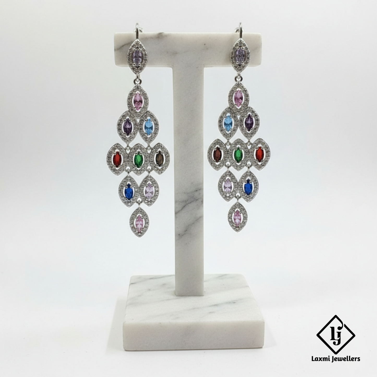 925 Silver Multicolour Stone Dangler Earrings for Women | Designer CZ Party Wear Earrings