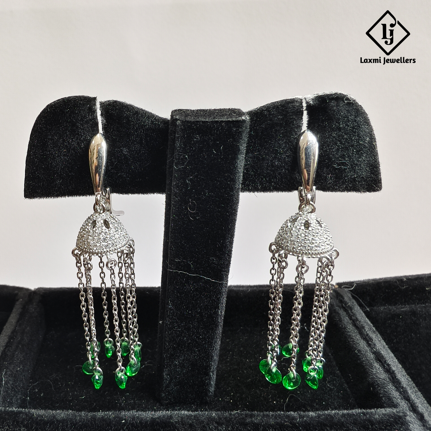 925 Sterling Silver Green Beads Jhumka Drop Earrings for Women | Designer Chain Tassel Earrings