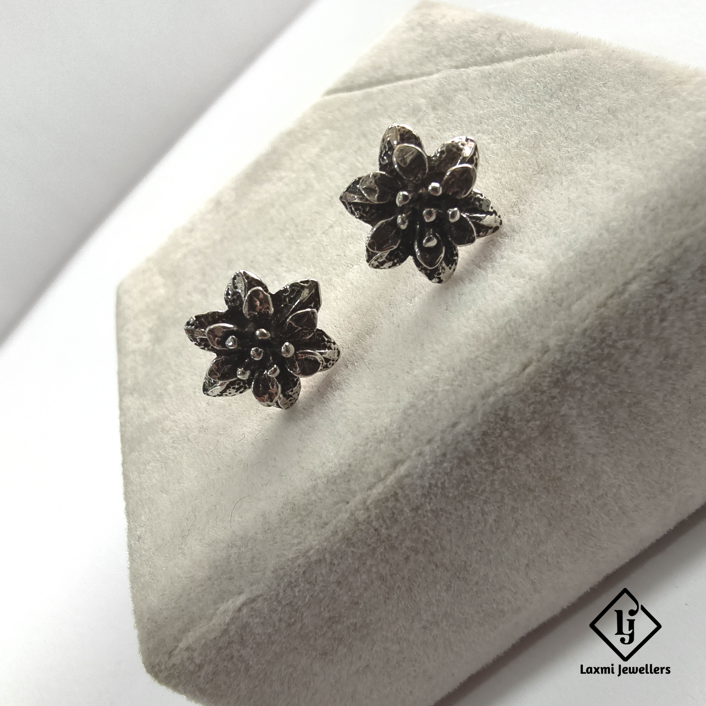 925 Sterling Silver Oxidised Flower Stud Earrings for Women | Laxmi Jewellers
