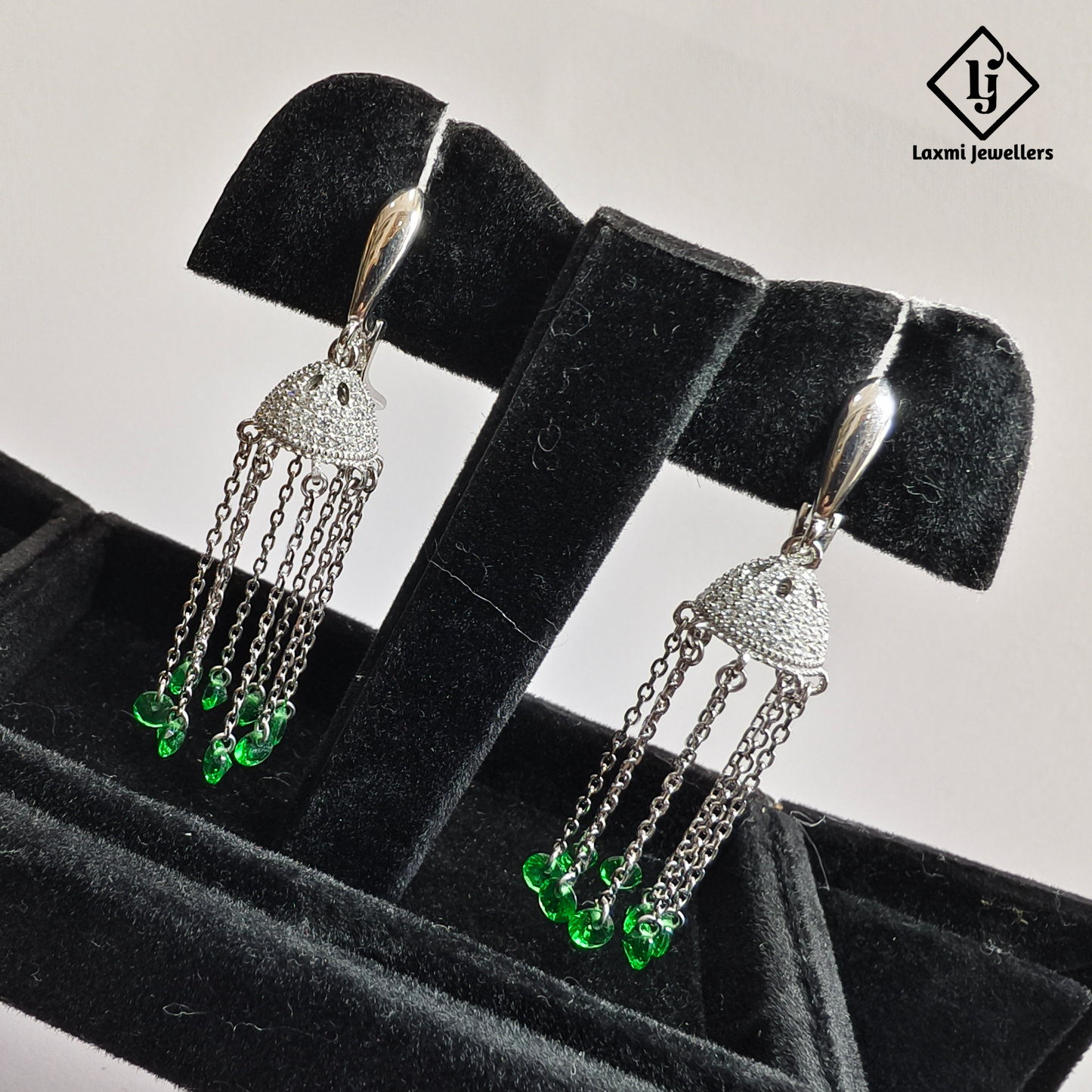 925 Sterling Silver Green Beads Jhumka Drop Earrings for Women | Designer Chain Tassel Earrings