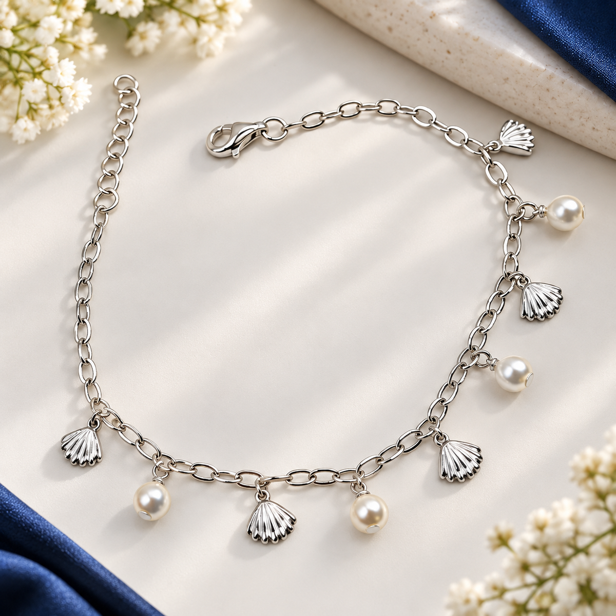 925 Sterling Silver Pearl & Shell Charm Bracelet for Women | Ladies Bracelet – Laxmi Jewellers