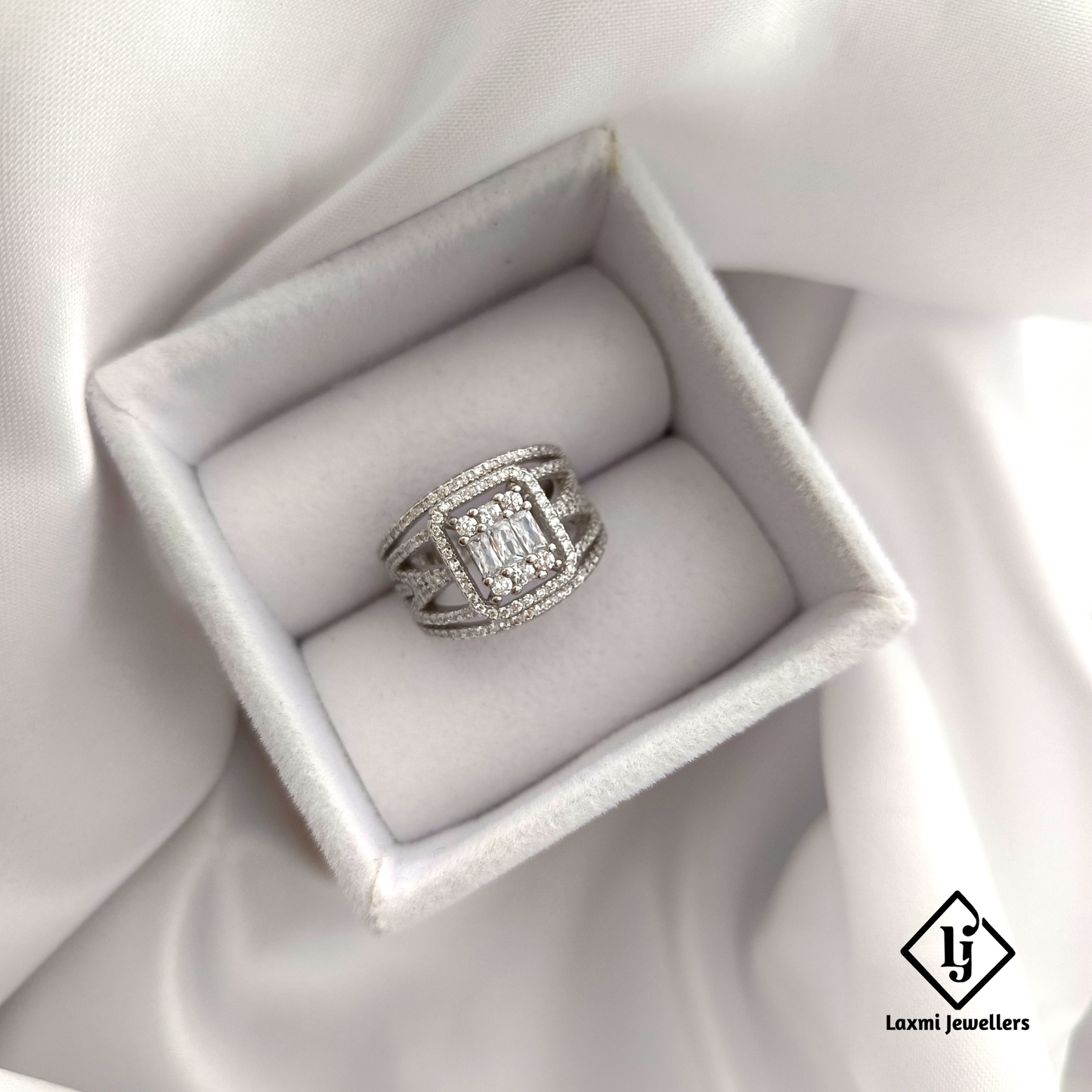 Silver Statement Ring for Women with CZ Stones | Wide Band Designer Ring for Party & Daily Wear