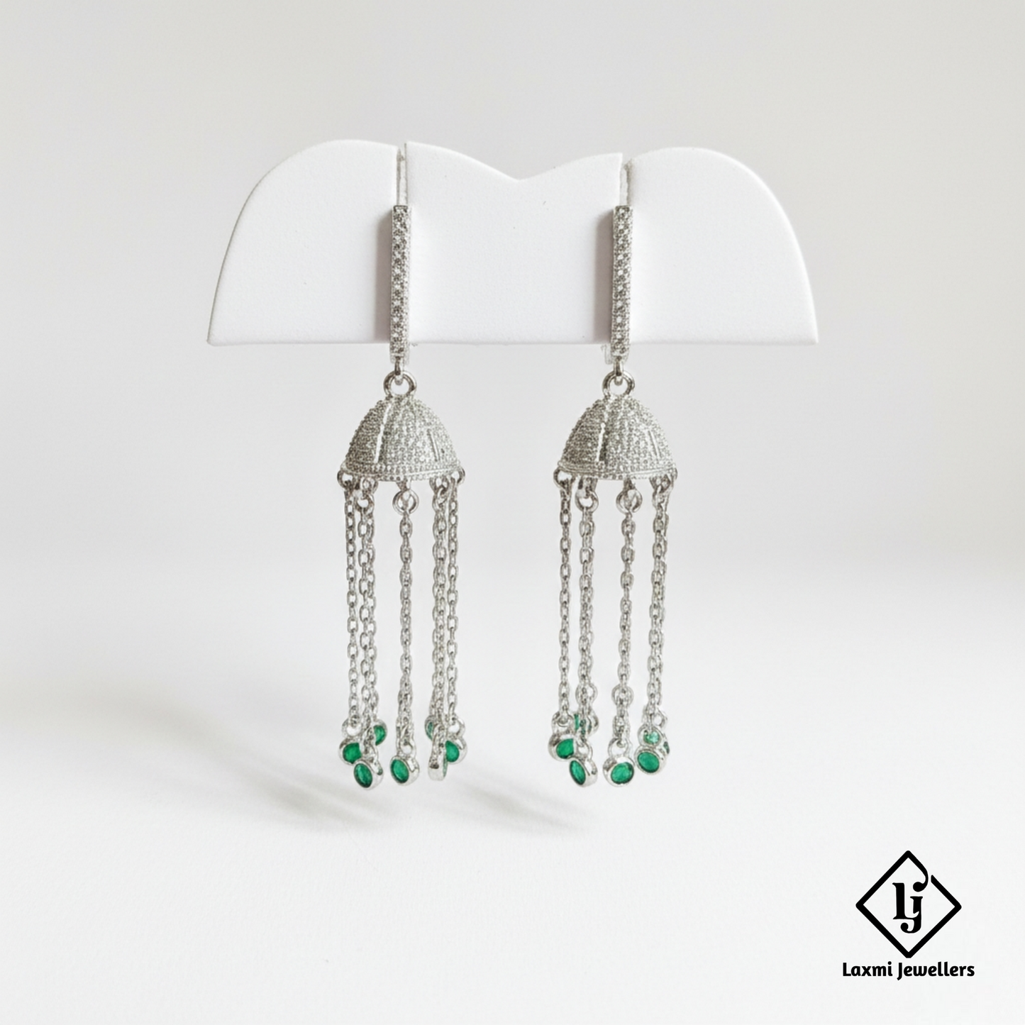 925 Sterling Silver Bali Style Jhumka Earrings with Green Stones | Designer Chain Drop Earrings