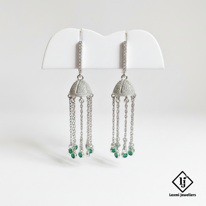 925 Sterling Silver Bali Style Jhumka Earrings with Green Stones | Designer Chain Drop Earrings