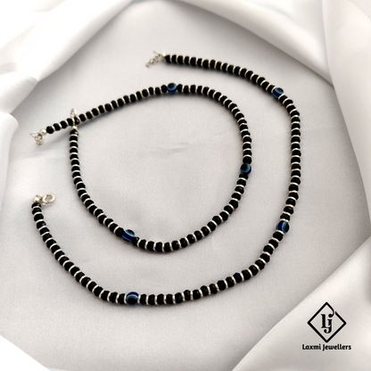Elegant Black Beaded Anklet Set with Evil Eye Charm – Protection & Style