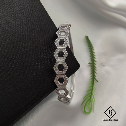925 Silver Hexagon Design CZ Openable Kada for Women – Modern Geometric Bangle