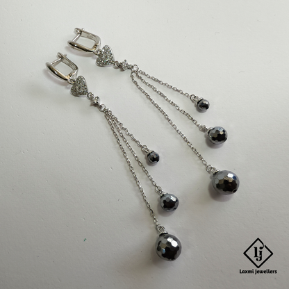 925 Silver Heart Chain Drop Earrings for Women | Designer Long Danglers with CZ Stones