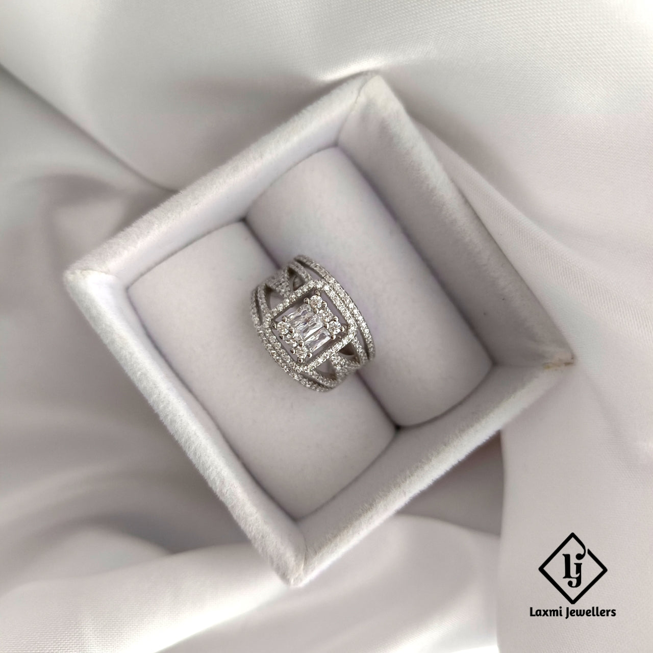 Silver Statement Ring for Women with CZ Stones | Wide Band Designer Ring for Party & Daily Wear