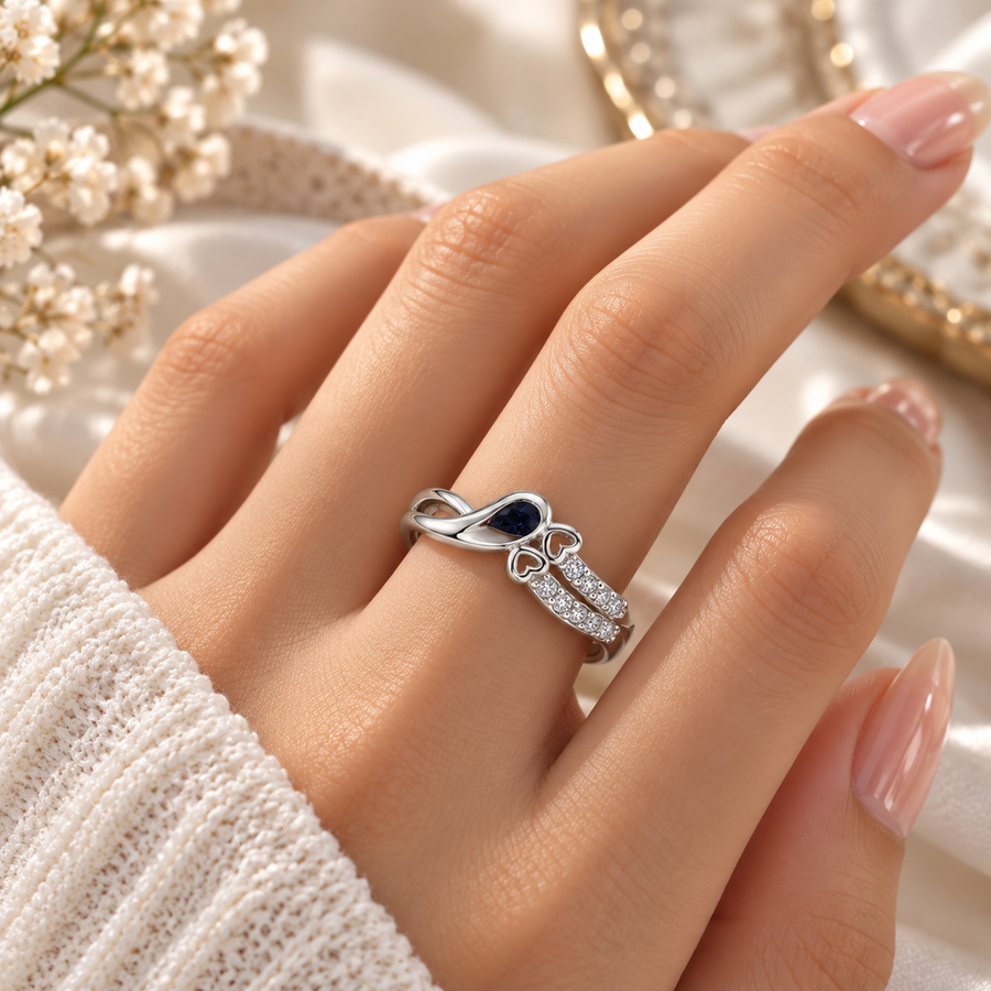 925 Sterling Silver Blue Stone Ladies Ring with Double CZ Bands | Elegant Heart Design Ring – Laxmi Jewellers 925