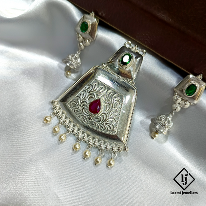 Handcrafted Silver Pendant with Red & Green Stone Inlay and Pearl Dangling Beads – Ethnic Designer Jewelry