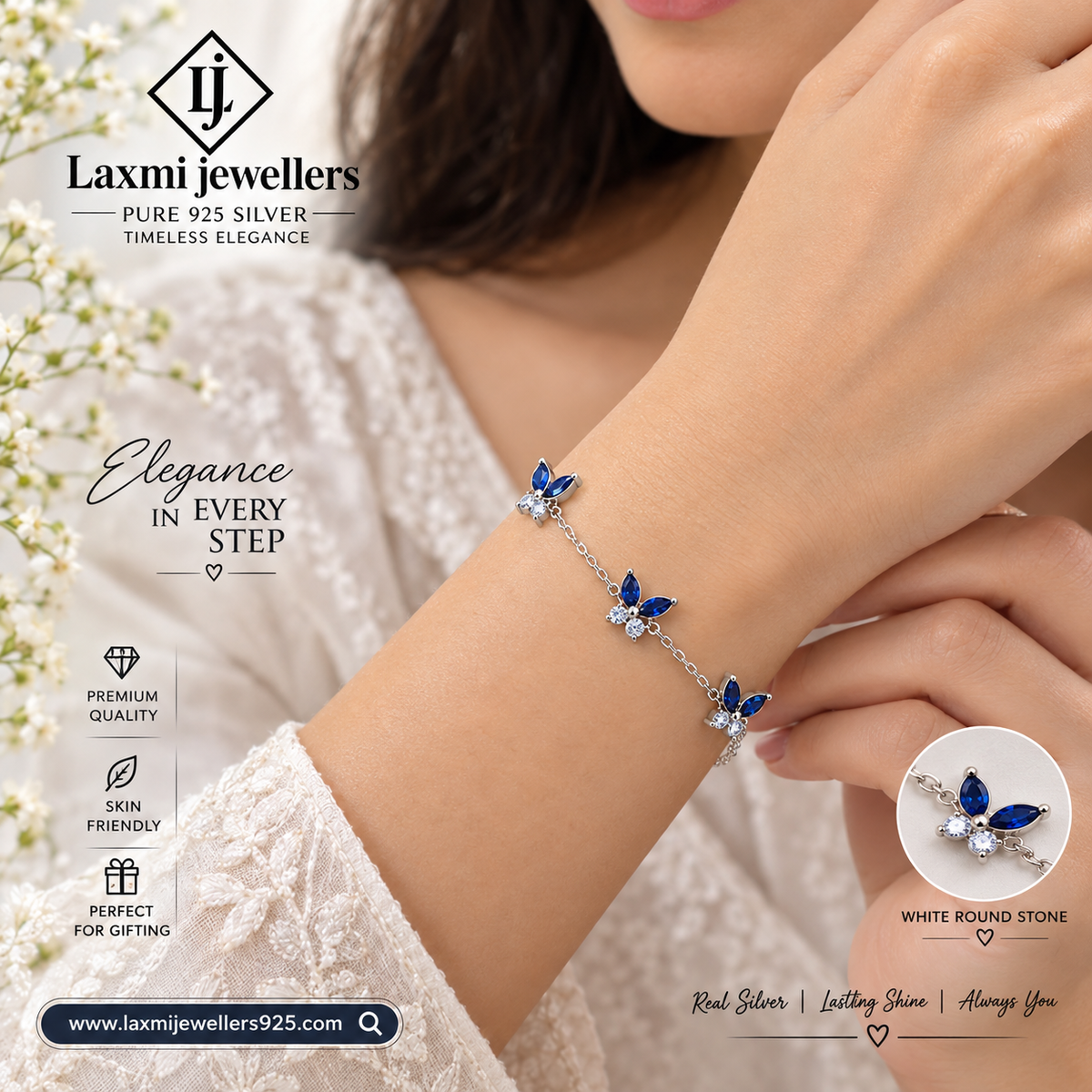 925 Sterling Silver Blue Butterfly Bracelet for Women | Elegant Blue Stone Bracelet – Laxmi Jewellers