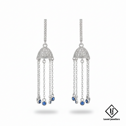 925 Sterling Silver Bali Style Jhumka Earrings with Blue Stones | Chain Drop Designer Earrings