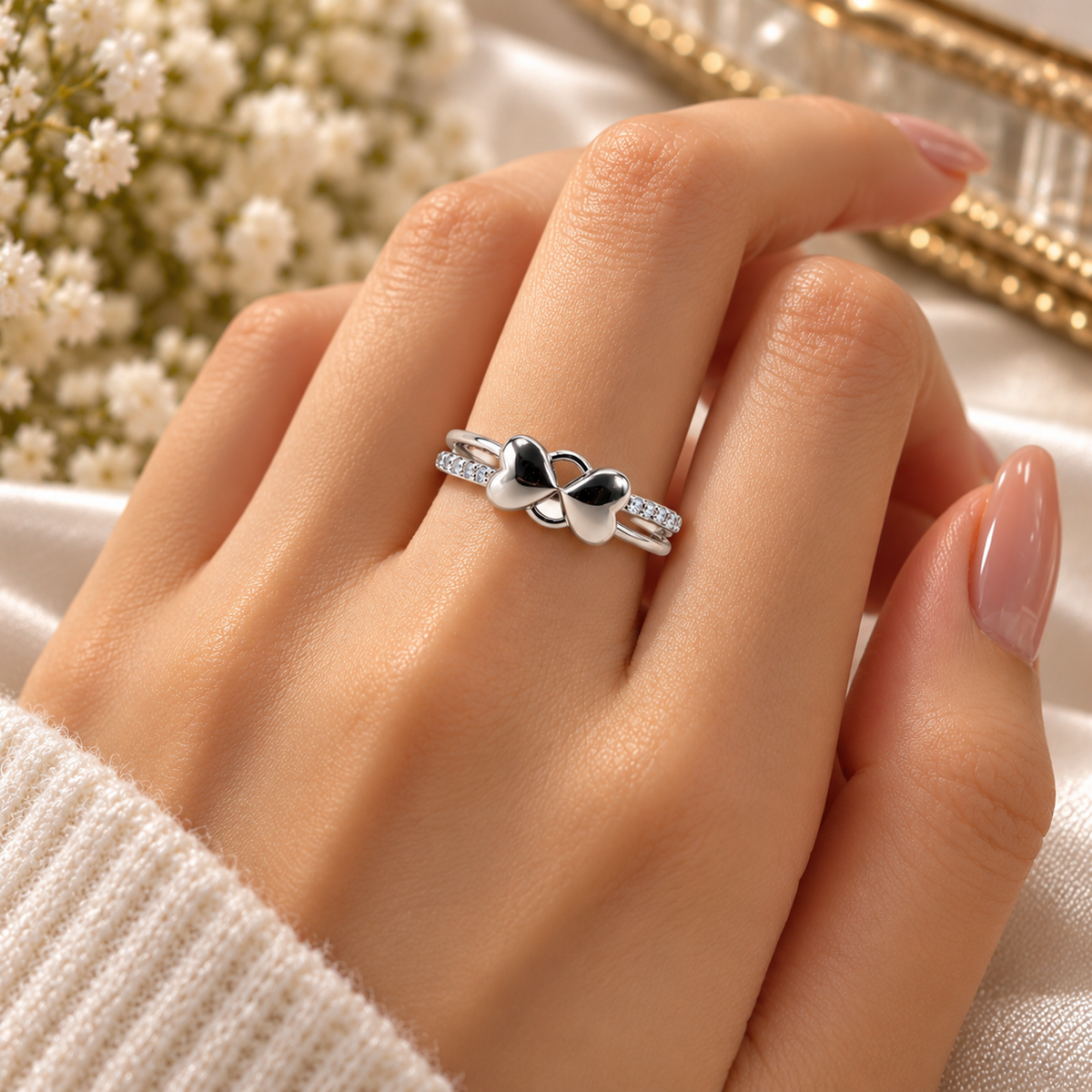Double Heart 925 Sterling Silver Ladies Ring with Crystal Stones | Elegant Heart Design Ring for Women – Laxmi Jewellers