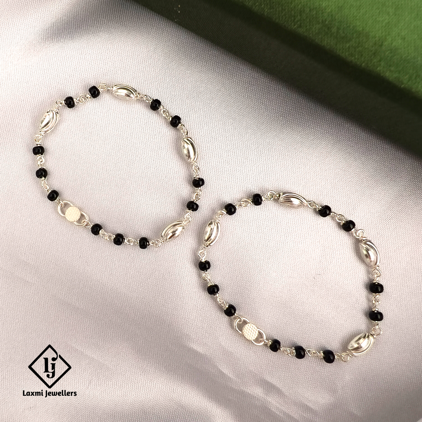 925 Sterling Silver Baby Nazariya OR Anklet Pair | Black Beads Nazar Protection for Kids