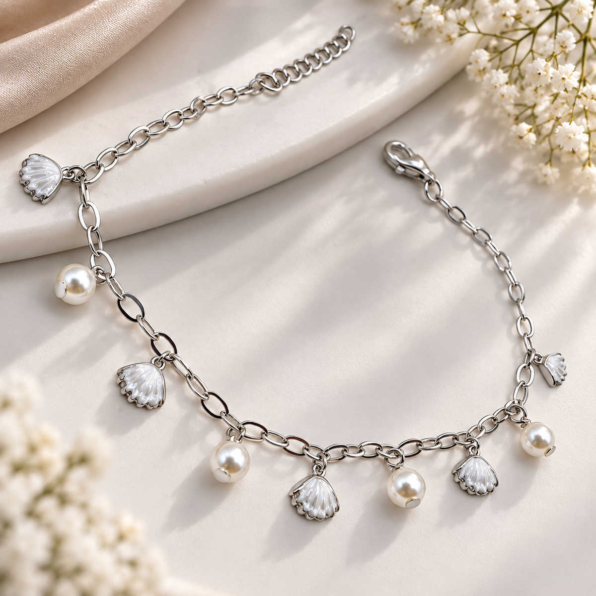 925 Sterling Silver Pearl & Shell Charm Bracelet for Women | Ladies Bracelet – Laxmi Jewellers